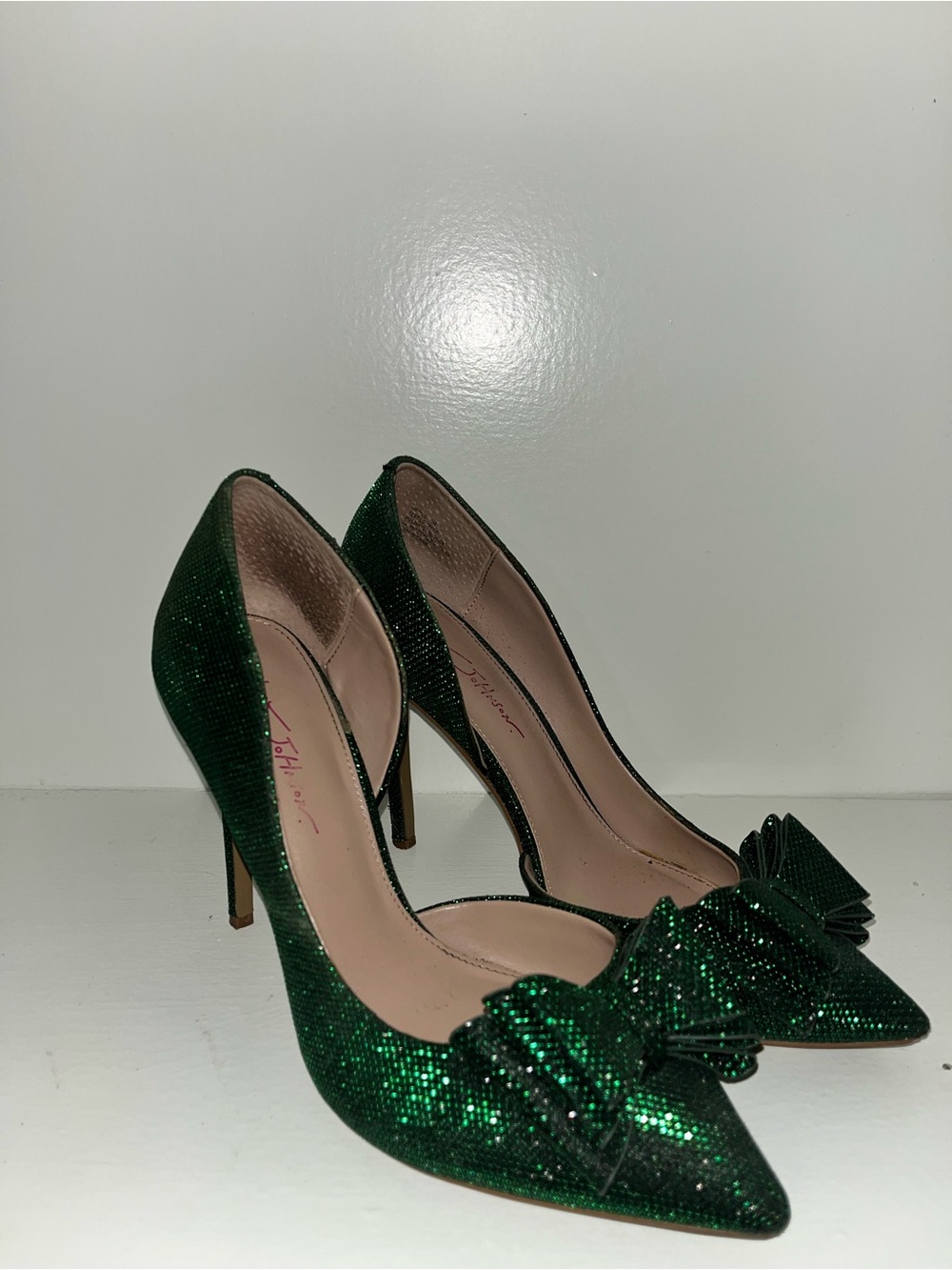 Betsey Johnson Emerald Green d’Orsay Glitter Pointed-Toe Pumps with Bow